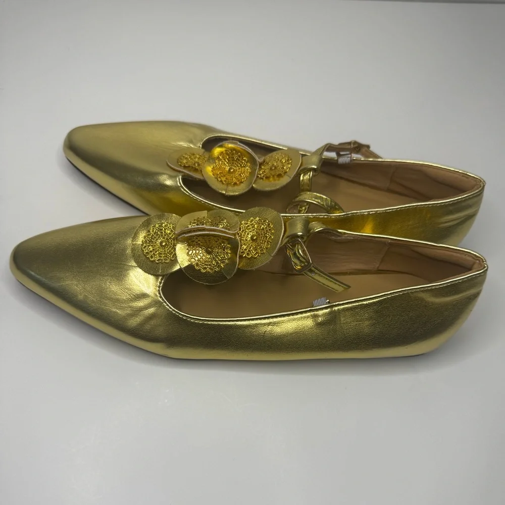 Vintage Pointy Toe Metal Gold Decorative Buckles T Strap Mary Jane Shoes Sz 40/9